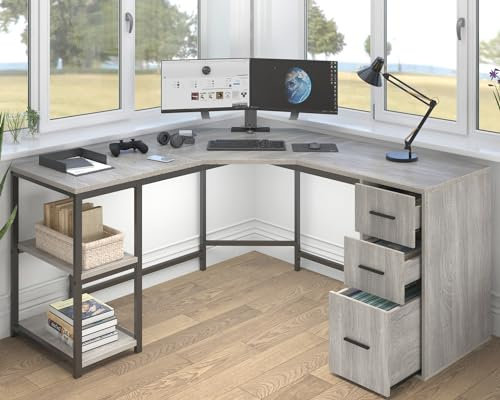 LVB 60 Gray L Shaped Corner with Storage, Reversible Corner L Shape Computer Desk with File Cabinet Shelves, Wood Metal L-Shaped Home Office Work Study Writing Desk for Dual Monitor, Light Grey