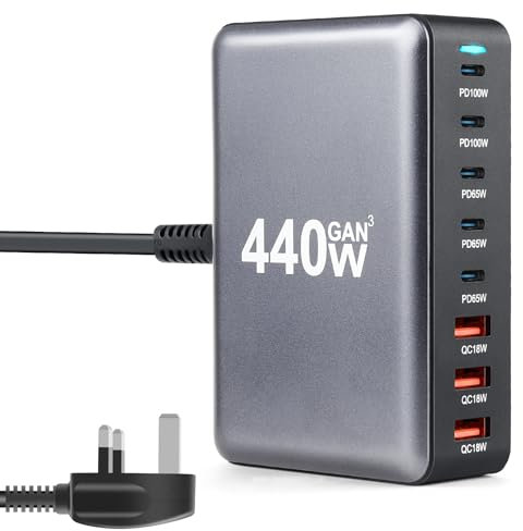 USB C Charger, 440W USB Charger 8 Port GaN Fast Charging Plug Travel Charger Multi USB C Laptop Charger Compatible with iPhone 16 15 14 13, MacBook Air, iPad, Dell XPS, Samsung Galaxy S23 S22...