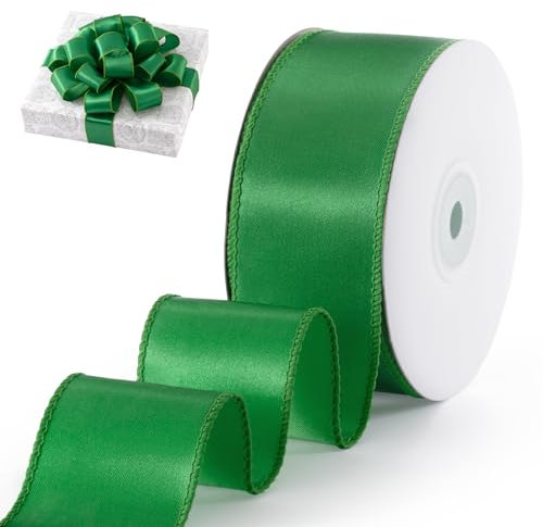 FAKILO Geschenkband Satinband mit Draht 38 mm x 18 m Schleifenband Grün Drahtband dient als Geschenkband, Christbaumband, Schmuckband für Kränze, Bastelband und Hochzeitsband