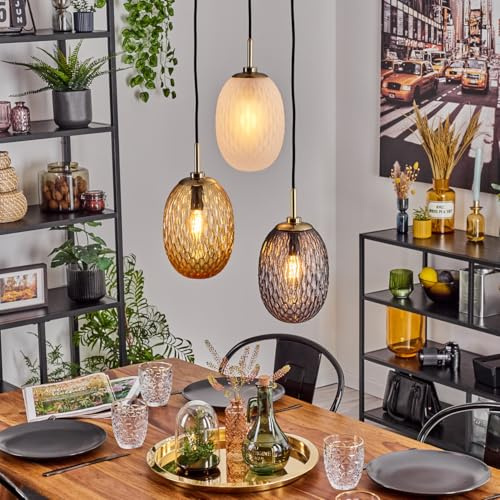HOFSTEIN Hängeleuchte Nyberget, 3-flammige Hängelampe aus Metall/Glas in Messing/Rauch/Weiß/Bernstein, Retro/Vintage-Design (Ø 15 cm), E14, Pendelleuchte max. 128 cm, Esszimmer, Wohnzimmer, Küche