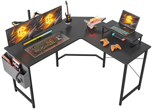 Cubiker Gaming Tisch Eckschreibtisch 120x120cm, Schreibtisch mit Monitorständer und Seitlicher Aufbewahrungstasche, Gaming Schreibtisch L Form, Computertisch, Schwarz