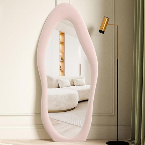AYYDS Standspiegel Ganzkörperspiegel, 160x60cm Asymmetrischer Spiegel, Bodenspiegel mit Flanell Umwickelter Holzrahmen, Spiegel Groß Unregelmäßiger Wandspiegel für Wohnzimmer Schlafzimmer Flur (Rosa)