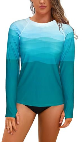 SHEKINI Womens Long Sleeve Rash Guard Tops Sun Protection Thumb Holes Lightweight Quick Dry Plus Size Swimming Tops Printed Beach Swim Shirts Top, Gradient Blue, XXL