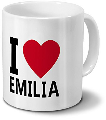 printplanet Tasse mit Namen Emilia - Motiv I Love Emilia - Namenstasse, Kaffeebecher, Mug, Becher, Kaffeetasse - Farbe Blau