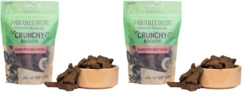 Natures Deli Salmon with Sweet Potato Dog Treats, Crunchy Biscuits for Dogs Gluten Free Low Fat Tasty Bite-size Treats for Dogs - 225 g (Pack of 2)