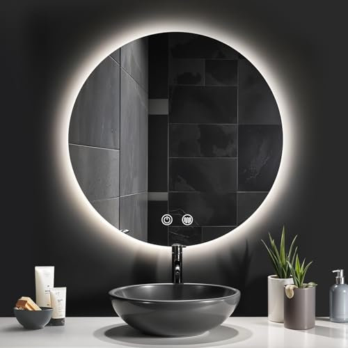 Warmiehomy Round Bathroom Mirror with LED Lights, 500mm Illuminated LED Bathroom Mirror, Wall Mounted, 3 Colour Lighting, Anti-fog, Waterproof IP44, Touch Control