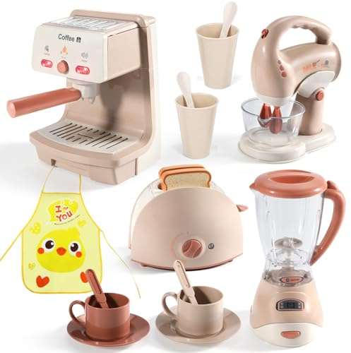 Kids Assorted Kitchen Appliance Play Toys Includes Coffee Maker ,Blender,Fruit Machine and Toaster ,Apron and Cups,with Realistic Lights& Sounds,Learning Gift for Toddlers Baby Girls Boys
