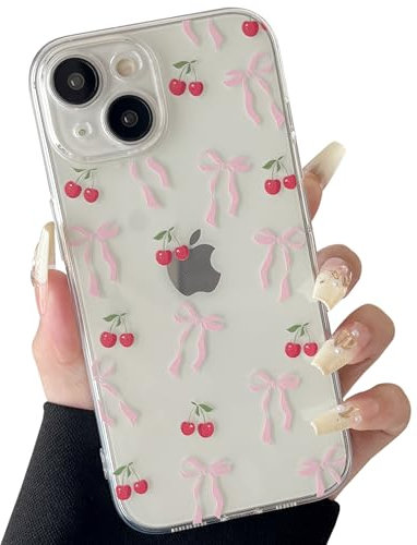 ZTOFERA Clear Case for iPhone 14 Plus, Cute Cherry & Ribbon Bowknot Pattern Design Aesthetic Transparent Phone Case Soft Flexible TPU Shockproof Protective Cover for Women Girls - Pink Ribbon