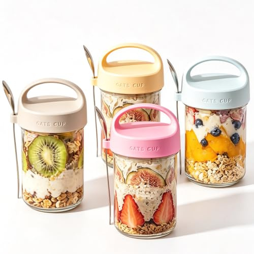 Hylruu Reusable Overnight Oats Jars with Lid and Spoon Set, 4 Pack 430ml Airtight Oatmeal Container with Measurement Mark, Glass Mason Jars for Cereals, Milk, Yogurt, Fruit, Salad