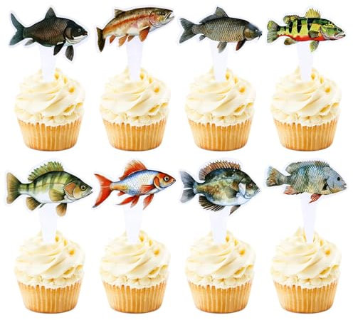 Blumomon 32Pcs Fishs Cake Topper Fishs Cake Decoration Fishermen Birthday Cake Decoration for Baby Shower Kids Birthday Camping and Fishing Party Supplies（Two-Sided）