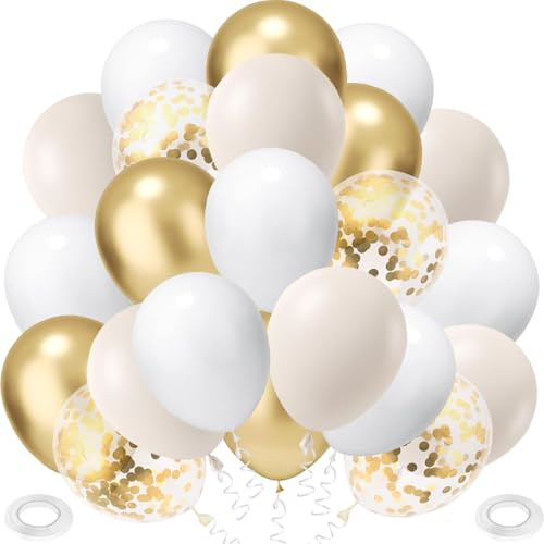 Luftballons Sandweiß Gold, 60 Stück Golden Konfetti Latex Balloons 12 Zoll | Beige Weiß Metallic Gold Helium Ballon Konfetti Luftballon Partyballons für Taufe Geburtstag Hochzeit Baby Shower Party