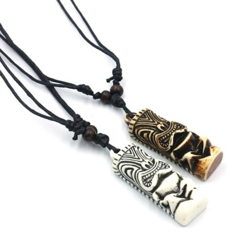XIGAWAY Herren Tiki Halskette mit Harz-Anhänger, polynesisch inspirierte knochenähnliche Tribal-Halskette in Weiß & Rotbraun (51-80 cm)