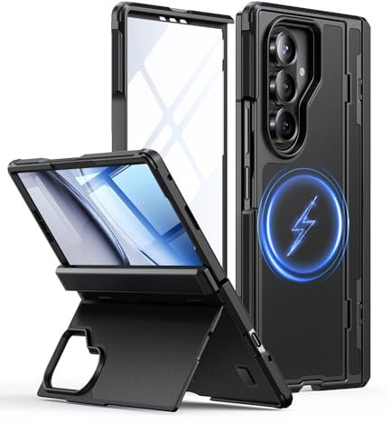 JUESHITUO für Samsung Galaxy Z Fold 7 Hülle mit Versteckter Ständer & Scharnierschutz & Displayschutzfolie, Dünn Stoßfest Kratzfest Case für Magsafe, Handyhülle für Galaxy Z Fold 7, Schwarz