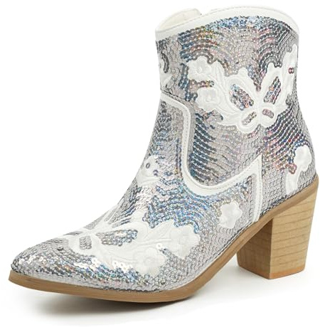 JABASIC Women Western Cowboy Ankle Boots Low Cowgirl Boots with Zipper Short Pointed Toe Booties (8.5,White)