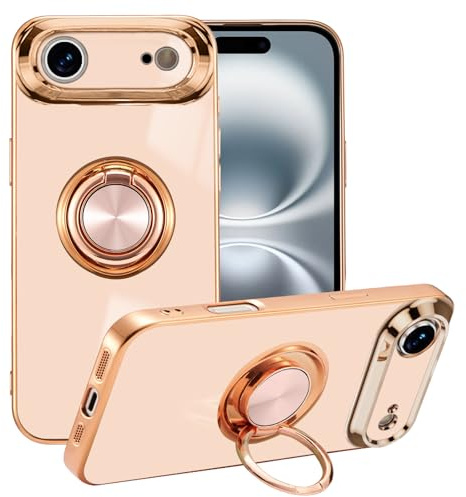 EYZUTAK Case for iPhone Air, Electroplated Ring Holder Case, Light Pink | 360 Degree Rotation Metal Anti-fall Magnetic Finger Ring Kickstand Magnet Car Holder Slim Soft Silicone Shockproof Cover