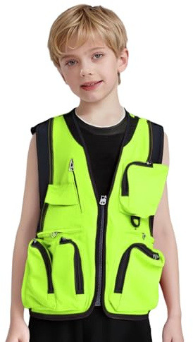 Miaeowve Gilet leggero per il tempo libero per bambini, con tasche multiple, senza maniche, per campeggio, pesca, caccia, fotografia, Verde acceso., 128-152