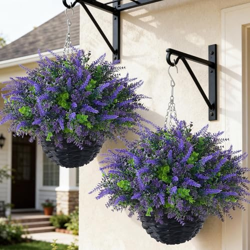 2 Set Artificial Lavender&Eucalyptus Hanging Basket for Porch(Purple-Green)
