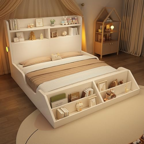 RIAZOS Holzbett Doppelbett 140x200 cm, Kopfteil mit Nachtlichtern und Staufach, Kinderbett mit abnehmbarem Bücherregal, Bettgestell mit Lattenrost, Jugendbett, Weiß, ohne Matratze