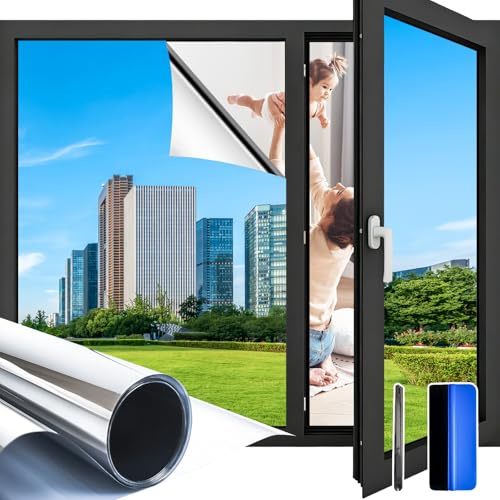 Weeoley Vinilos para Cristales Efecto Espejo Anti Calor 59,5×120 cm-2pcs | Adhesivo Cristal Unidireccional Reflectante Anti UV Protector de Privacidad Protege del Sol para Hogar Tienda Oficina
