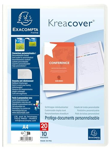Exacompta - Réf. 58109E - Carton de 20 Protège-documents personnalisable Kreacover Chromaline - 10 pochettes cristal lisse - 20 vues - pour A4 - dim 24 x 32cm - couverture en polypro rigide - blanc