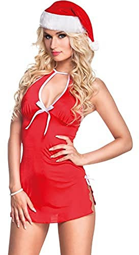 Boland 85504 - Late Night Santa, rotes, kurzes Kleid mit tiefem Ausschnitt und Rückenausschnitt, Schlitze an den Seiten, weiße Schleifen, inklusive Weihnachtsmütze, Weihnachten, Karneval, Mottoparty