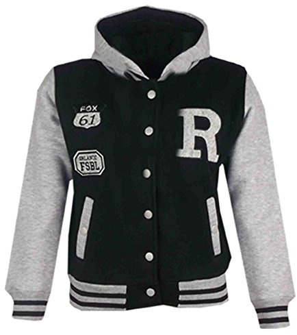 A2Z 4 Kids Boys Girls Hooded Varsity - B.B Fox Black Grey 13 | Contrast Sleeve Outerwear With Ribbed Trim For Everyday Comfort