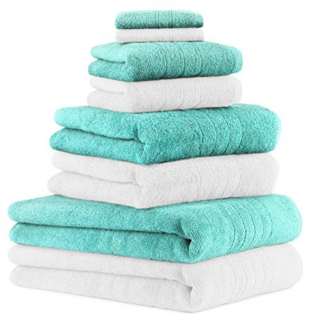 Betz 8er Set Handtücher Handtuch Deluxe 100% Baumwolle 2 Badetücher 2 Duschtücher 2 Handtücher 2 Seiftücher Farbe weiß und türkis