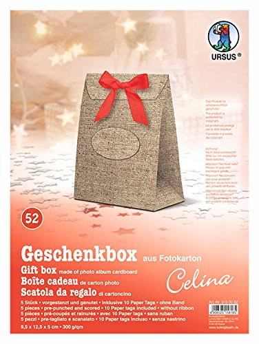 Ursus 5150052 - Geschenkbox Celina, Jute Design, 5 Stück, aus Fotokarton 300 g/qm, beidseitig bedruckt, vorgestanzt und genutet, inklusive 10 Paper Tags, ideal für kleine Überraschungen