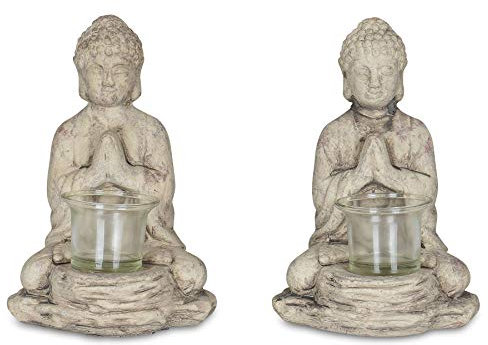 levandeo 2er Set Teelichthalter Buddha Figur Keramik je 19cm hoch Grau Teelicht Tischdeko Windlicht