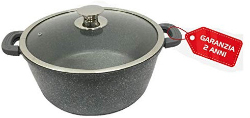 EURONOVITA' SRL ITALY Padella Casseruola Grigia 28 cm, Rivestimento in Pietra lavica Antiaderente con Coperchio in Vetro