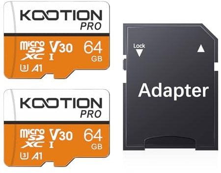 KOOTION 64 GB 2-Pack Micro SD Card, 4K Camera Pro, UHD Video for GoPro, Action Camera, Drone, Smartphone, R/W up to 90/35 MB/s MicroSDXC Memory Card UHS-I U3 A1 V30