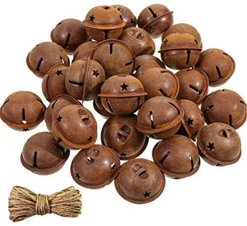 AILINDA 4,1 cm rostige Metall-Stern-Ausschnitt-Glöckchen, rostige Glöckchen mit 19,8 m Jute-Schnur für Bastelarbeiten, Kranz, Weihnachtsbaum, hängende Feiertagsdekoration (30 Stück)