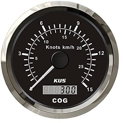 KUS Universal-GPS-Tacho, 15 Knoten, 28 km/h, Geschwindigkeitsmesser, für Boote, Yachten, 85 mm, mit Hintergrundbeleuchtung, schwarz, 9–32 V