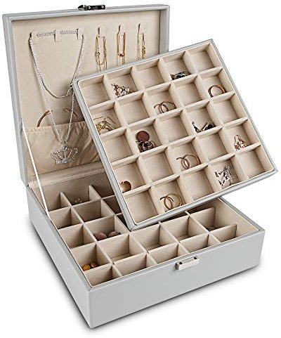 Frebeauty Portagioie classico per orecchini, 50 scomparti, a doppio strato, con 6 ganci per collane e tasca per braccialetti (grigio)