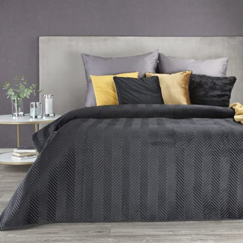 Eurofirany Tagesdecke Sesseldecke Sofadecke Velvet Samt Steppdecke für Wohnzimmer und Schlafzimmer (Sofia Schwarz, 220 x 240 cm)