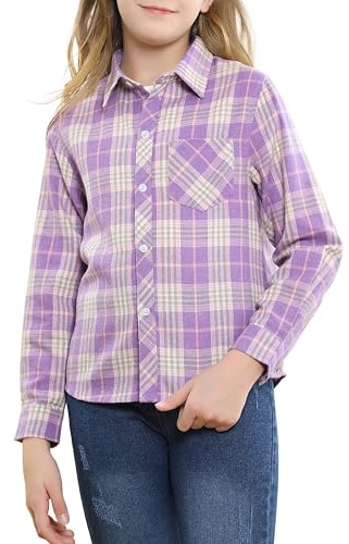 SANGTREE Womens and Girls Long Sleeve Flannel Shirt Casual Button Down Plaid Shirts, 3 Months - Adult 2XL, Purple Beige Plaid, 11-12 Years