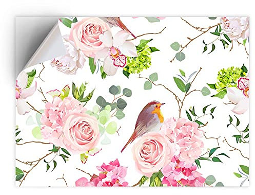 DV DESIGN 1 x Vinyl-Aufkleber A4 – rechteckige Form 21 x 29,7 cm – Pretty Robin Bird Pink Rose Flower Kunstdruck Aufkleber Laptop Tablet Gepäck Auto Fahrrad Wand Kühlschrank Tür Aufkleber #15920