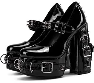 Frankie Hsu Damen Gothic Große Größe Schwarz Lackleder Schnalle Gürtel Ring Nieten Glänzend Sexy Plateau Chunky High Heels Knöchelriemen Absatz Bootie Schuhe, Schwarz, 40.5 EU
