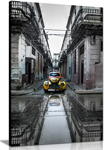 Panther Print Fine Art Prints Yellow Classic Retro Car Parked on the Streets of Havana Artistic Framed Canvas Print, Pictures for Home Walls, Bedroom, Living Room & Bathroom Decor 91x61cm (36x24in)