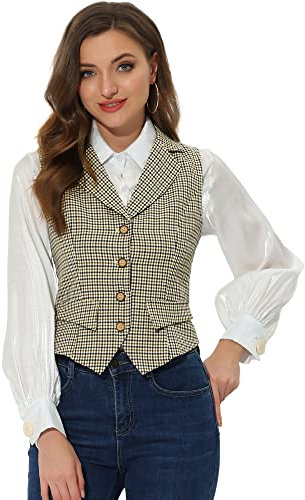 Allegra K Damen Weste Elegant Vintage Karierte Anzugweste Einreihig Reverskragen Ärmellos Westen Braun L