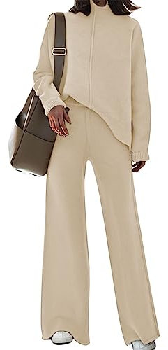 Viottiset Damen Gestrickte Outfits Stehkragen Pullover Weites Bein Hosen Zweiteilig Set Sweatsuit Loungewear Aprikose S