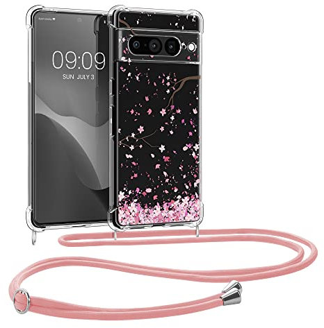 kwmobile Coque Collier Compatible avec Google Pixel 7 Pro Coque - Housse en Silicone avec Cordon de Collier - Rose Clair-Brun foncé-Transparent