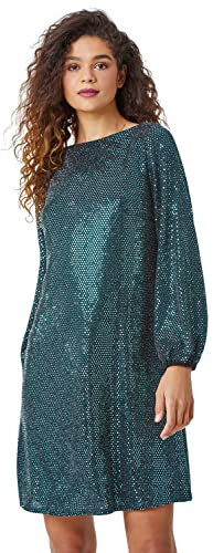 Roman Originals Sparkle Detail Swing Dress for Women UK - Ladies Autumn Everyday Winter Holiday Round Neckline Comfy Long Sleeve Soft Stretch Jersey Frock Sequin Gowns - Green - Size 12