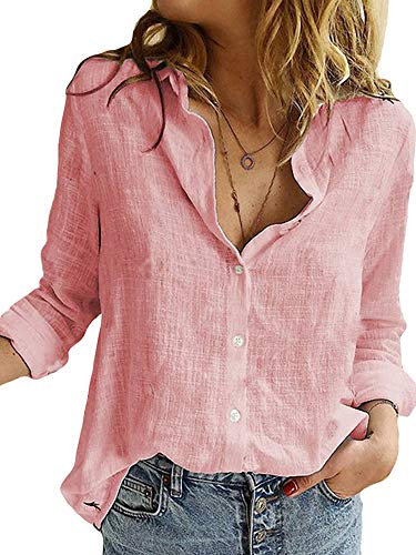 Abtel Camicia da donna in lino cotone casual manica lunga con stampa uccello top camicie camicetta tunica abbottonata, rosa, XXL