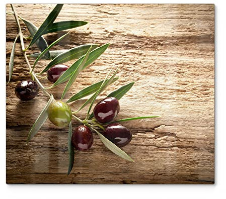 DEQORI Herdabdeckplatte Glas | einteilig 60x52 cm | Motiv Dekorativer Olivenzweig | Ceranfeld Abdeckplatte für Küche | Herd-Abdeckung universal | Glasplatte & Schneidebrett für Kochplatten