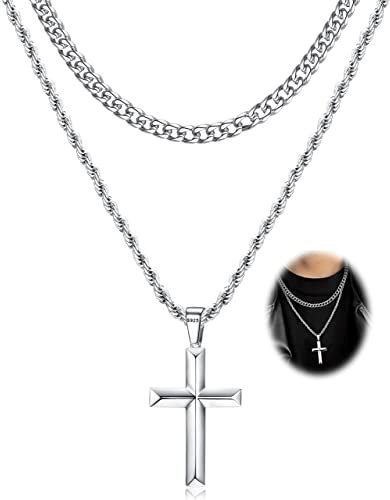 Morfetto 925 Sterling Silver Cross Necklace for Men Women Stainless Steel Diamond Cut Cuban Link Chain Rope Chain Beveled Crucifix Pendant Necklace Jewelry 28 Inches