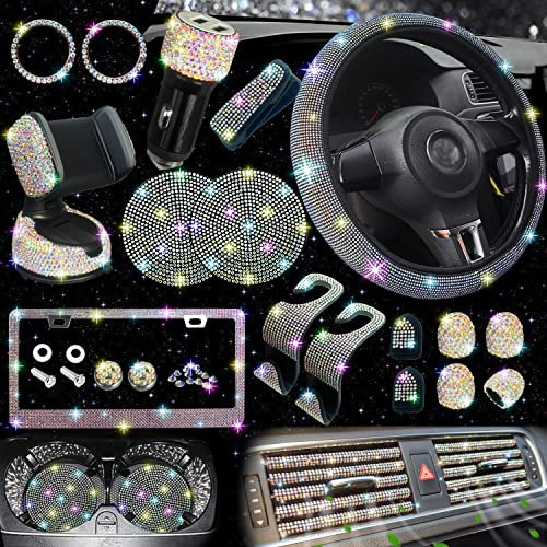 NBTEPEM 27 PCs Colorful Diamond Accessories Set - Bling Steering Wheel Covers, License Plate Frame, Phone Holder, Coasters for Women's Cars, Universal 15 Inch Fit