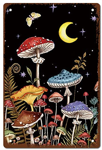 CREATCABIN Pilze Bei Nacht Metallblechschild Poster Vintage Retro Wandkunst Dekor Aufhängen Eisen Malerei Plakette Für Zuhause Küche Schlafzimmer Badezimmer Wohnzimmer Geschenke Dekorationen 30x20cm