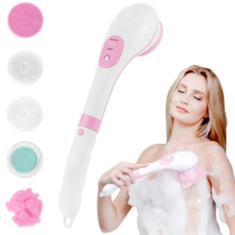 Yuehuamech Electric Body Brush Set Back Scrubber Body Exfoliator Shower Brush With Long Handle with 5 Spin Brush Heads Soft Bath Brush for Women Men Deep Cleaning Relaxing