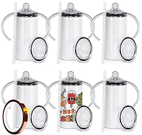 AGH life Sublimation Sippy Cup Blank with Handles, 6 Pack 12 oz Straight Sublimation Tumblers Stainless Steel Insulated Skinny Tumblers with Splash-Proof Lid, Shatterproof Water Tumbler